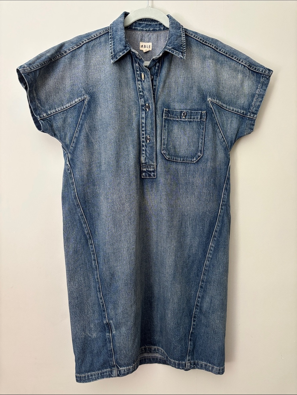 ABLE Harriet Denim Shift Dress Blue Tunic Western Minimalist Shirtdress M